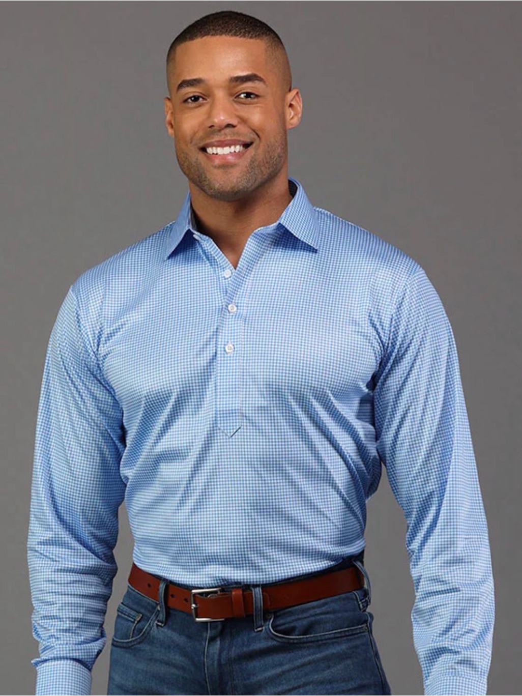 Collars & Co Long Sleeve Semi-Spread Collar Polo - Blue Micro Gingham - Size Lg